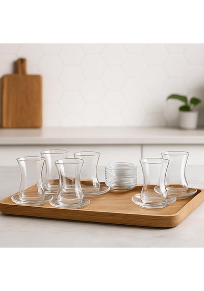 12 Parça Klasik Çay Seti 6 Çay Bardağı Ve 6 Çay Tabağı, Şeffaf Cam, 8 Cm Bardak, 10 Cm Tabak, Şık Ve Dayanıklı Tasarım çok renkli