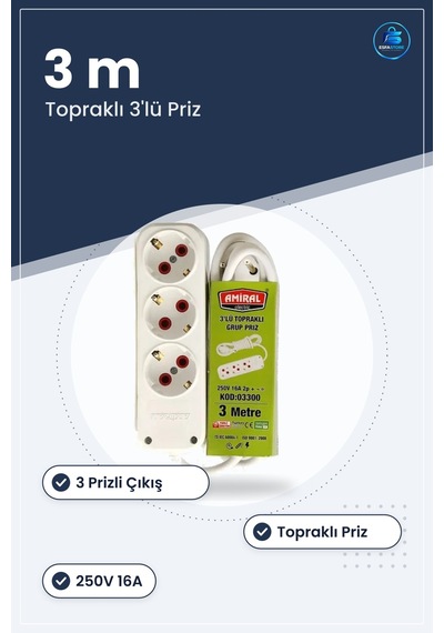 Düz 3 M Grup Priz Uzatma Kablosu 3'lü Topraklı Beyaz 250v 16a Ev 3 M