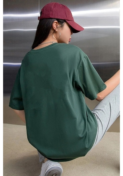 Unisex Sevimli Kedi Baskılı Tasarım T-shirt Yeşil