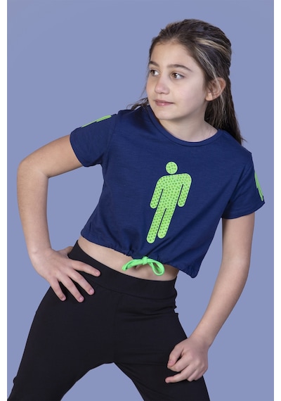 Toontoy Kids Toontoy Kız Çocuk Crop Model Baskılı Taş İşlemeli Tişört Lacivert