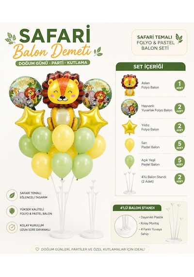Safari Konsept Balon Süsleme Seti Doğum Günü Balon Set Aslan Folyo Pastel Balon Çok Renkli