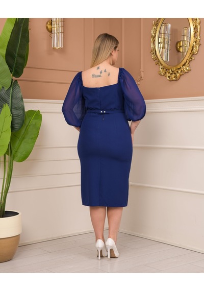 Livanomi Kolları Şifon Saks Büyük Beden Kalem Abiye-saks Saks Mavi