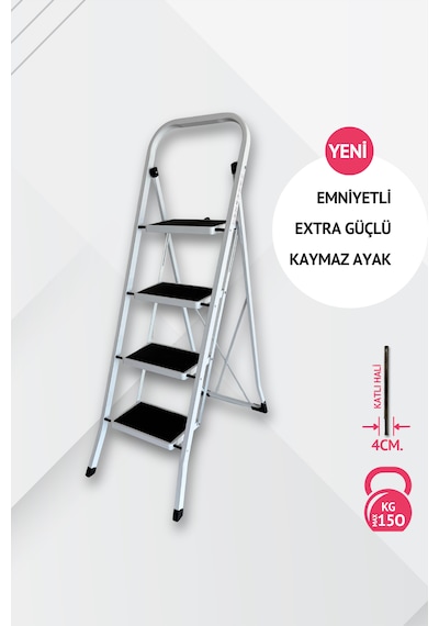 Portalife 4 Basamaklı Beyaz Çelik Merdiven - Ekstra Güçlü Gövde - Kalın Profil