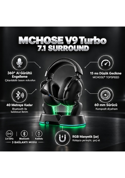 Mchose V9 Turbo+ Steel Black 7.1 Surround Kablosuz Gaming Kulaklık Hw-v9-14