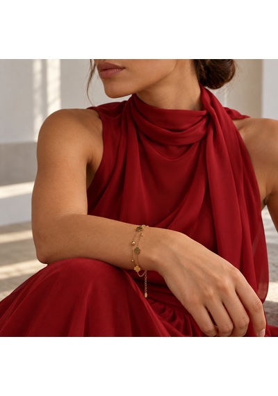Lucky Aura Gold Yonca Motifli Çift Sıra Kadın Bileklik 316l Paslanmaz Çelik Renkli