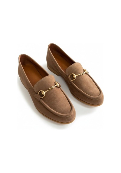 Ne&ve Shoes Vizon Süet Hakiki Deri Gold Zincir Aksesuarlı Kadın Loafer Ayakkabı
