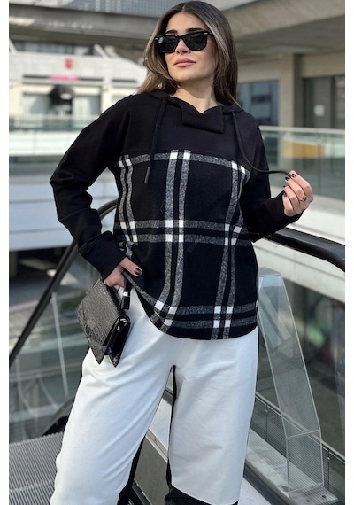 WeShaya Kadın Siyah Ekose Garnili, Rahat Kesim, Kapüşonlu İki İplik Sweatshirt Siyah