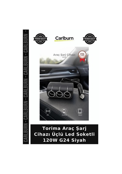 Torima Araç Şarj Cihazı Üçlü Led Soketli 120w G24 Siyah Cihaz Besleme Sürüş Aksesuarı Mobil Enerji