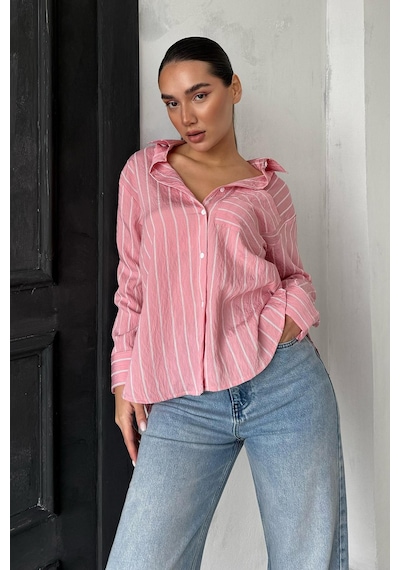 Madmext Pembe Çizgili Cepli Kadın Gömlek Mg2345 Pembe