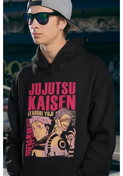 Jujutsu Kaisen Itadori Yuji Baskılı Unisex Oversize Anime Hoodie Siyah