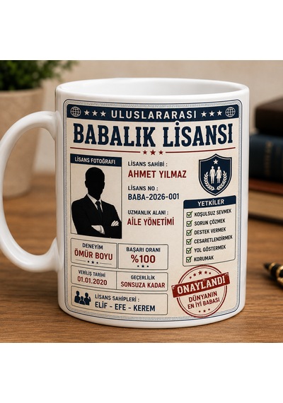 Kişiye Özel Babalık Lisansı Kupa Bardak İsme Özel Beyaz Seramik Kupa 330 Ml Kahve Ve Çay Kupası Açık Beyaz