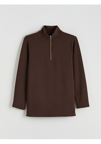 Lcw Everyday Kahverengi Dik Yaka Çizgili Oversize Kadın Tişört