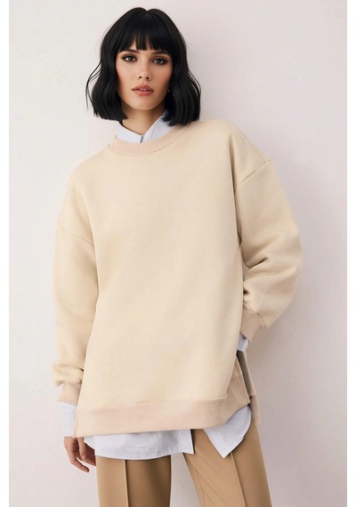 Benerly Kadın Bisiklet Yaka Düşük Kol Oversize Kalın Örme Sweatshirt Fonk Bej