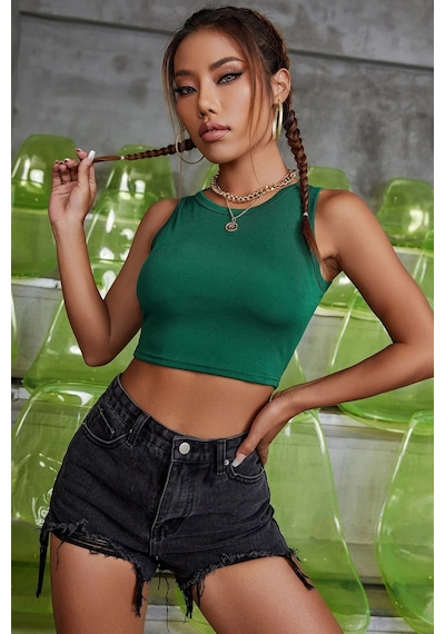 Modi Kadın Yeşil Kare Yaka Crop Top Bluz