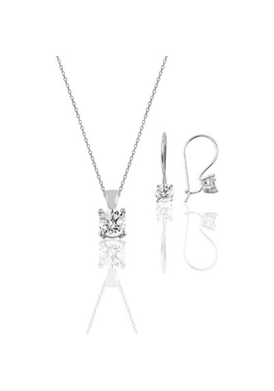 Gümüş Rodyumlu Tek Taş Kolye Ve Çengelli Küpe Gümüş Set