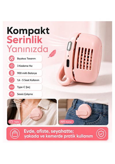 Şarjlı Klipsli Mini Fan Bıçaksız 3 Kademeli Type-c Taşınabilir Yaka Kemer Cep Ve Pembe