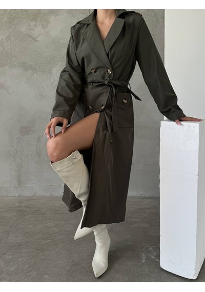 Duygudan Kuşaklı Uzun Haki Trençkot Düğmeli, Yırtmaç Detaylı - Haki