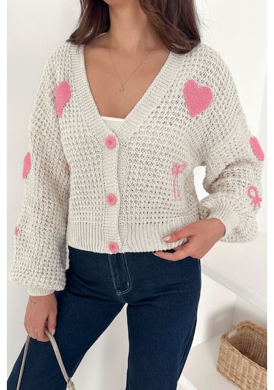 Noa & Noa Kadın Kalp Ve Fiyonk Desenli Nakışlı Triko Hırka Love Knit Pembe