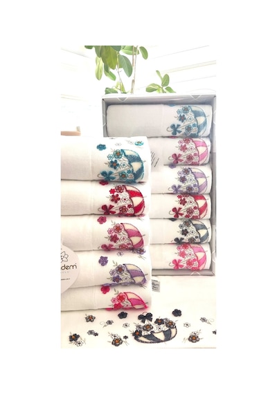 6.lı Set Annem 50x90 Cm. Özel Tafting Nakışlı Kadife Doku Çeyizlik Lüks Havlu Seti Beyaz Beyazşemsiye Beyaz