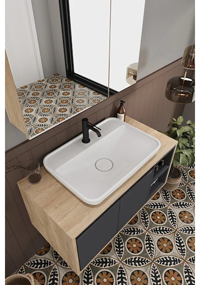 Lale 90 Cm %100 Mdf Lavabolu Banyo Dolabı + Aynalı Dolap Antrasit