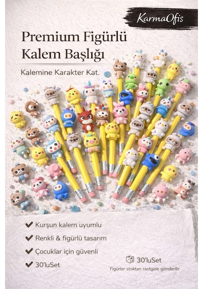 Premium Figürlü Kurşun Kalem Başlığı 30 Lu Set Renkli, Eğlenceli & Rastgele Figürlü Çok Renkli30