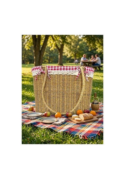 Woof Home Hasır Plaj Ve Piknik Çantası - Kırmızı Pötikare Astarlı, Dantel Detaylı-561 Bej