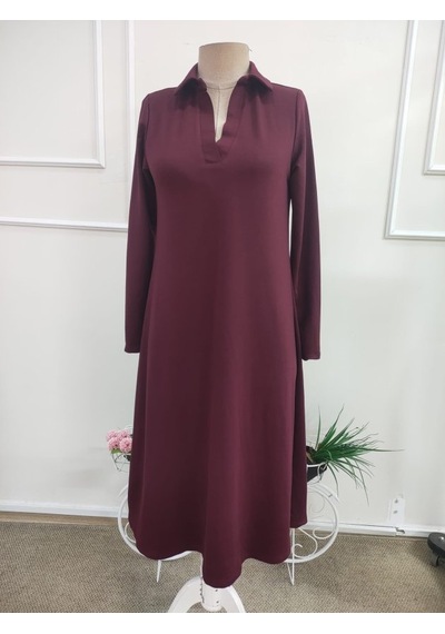 Suma Kadın Uzun Kollu Yakalı Midi Viskon Iki Iplik Elbise Bordo