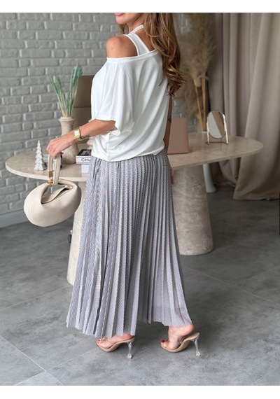 Mirve Butik Puantiyeli Piliseli İkili Elbise Takım Ekru
