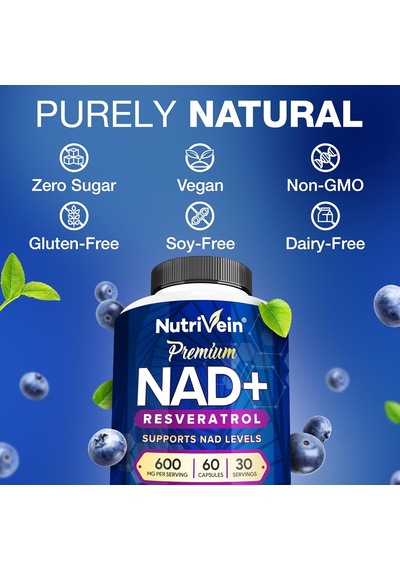 Nutrivein Premium Nad + Resveratrol 600 Mg Aging Cognition Metabolism Overall Well-being 60 Caps