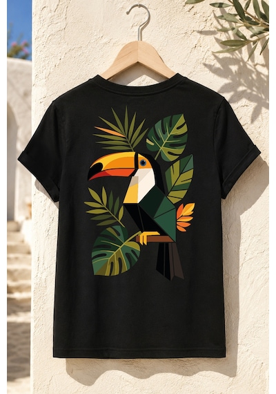 Spoyi Tropik Tukan Tasarımlı %100 Pamuk Yarım Oversize Siyah T-shirt