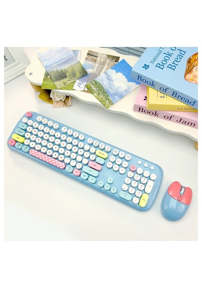 Geezer Zero Kablosuz Klavye Mouse Seti 2.4g Retro Daktilo Yuvarlak Tuşlu 104 Tuş Renkli Set Optik