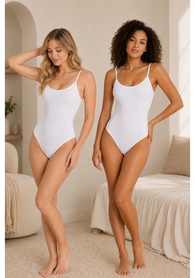 Loule Kadın 2'li Beyaz %95 Pamuklu İnce Askılı Alttan Kancalı Body