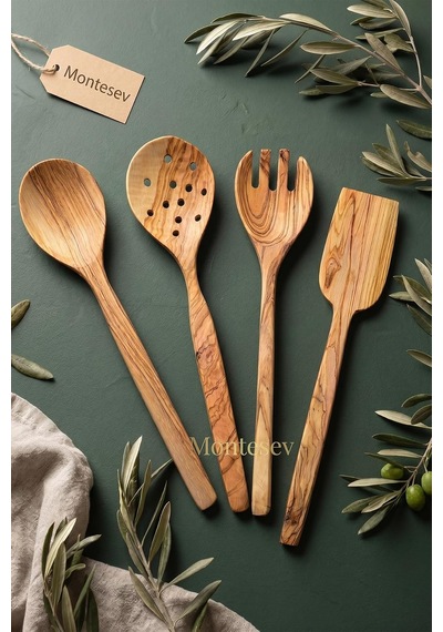 Tr Zeytin Ağacı Ahşap Tahta Kaşık Çatal Kevgir Spatula Seti Zeytin Ağacı Ağaç Kaşık 4 Lü Set Zytn-040 Genel