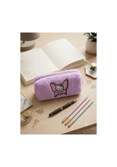 Peluş Kalem Kutusu Kalemlik Kalem Çantası 6x10x19 Cm Orta Boy Pembe Kitty Çok Renkli
