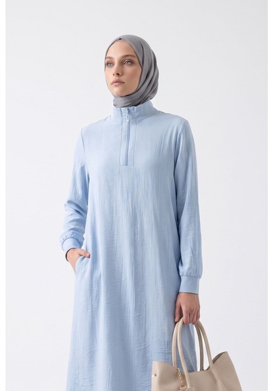Armine Trend Yarım Fermuarlı Kolları Lastikli Çilek Kumaş Tunik Mavi 26yt462