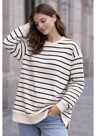 Tenra Oversize Geniş Kalıp Kadın Sweatshirt Bisiklet Yaka Basic Çizgili Siyah