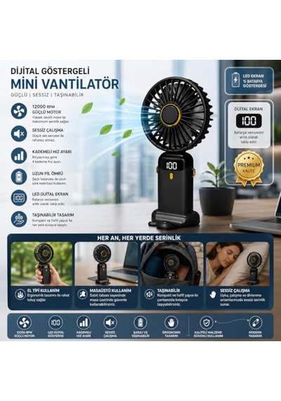 Dijital Göstergeli Mini Vantilatör, Şarjlı Masaüstü Vantilatör, Taşınabilir 12000 Rpm El Fanı, Ergonoik Tasarım, Kademeli Ve Sessiz Çalışma, Soğutucu Mini El Fanı, El Tipi Ve Masaüstü Kullanım
