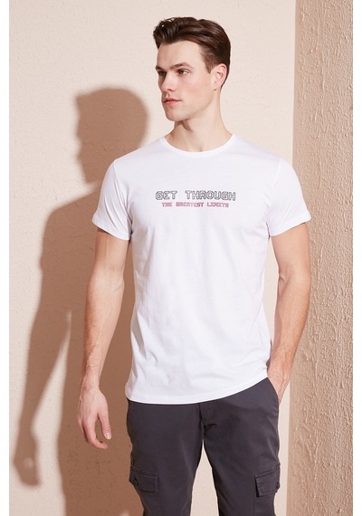 Buratti Basklı Bisiklet Yaka % 100 Pamuklu Slim Fit Erkek T Shirt 541Get Beyaz