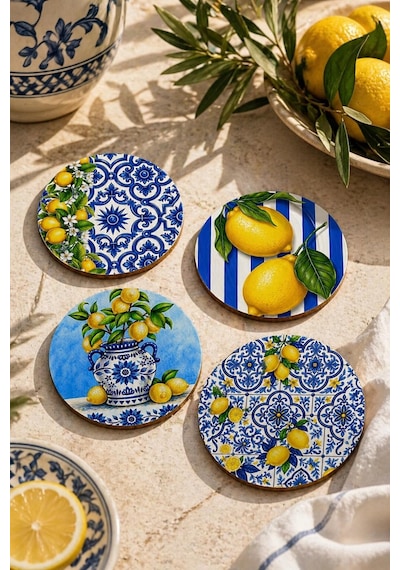 Limon Desenli Bardak Altlığı 4 Lü Set Sicilya 9 Cm Mdf Beyaz