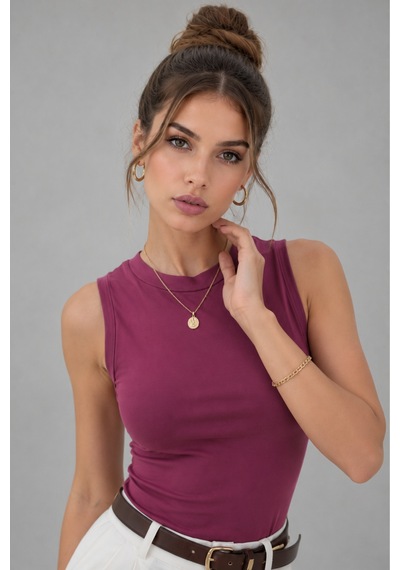 Wild Bee Kadın Gül Kurusu Pamuklu Bisiklet Yaka Vücudu Saran Sıfır Kollu Basic Bluz