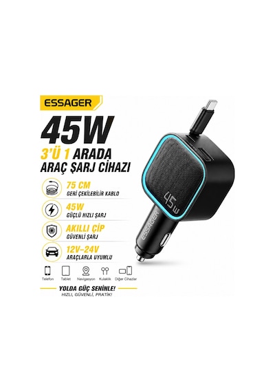 Essager 45w Hızlı Şarj Araç Şarj Cihazı Type C 75cm Çekilebilir Kablo Usb-c Usb-a 3'lü Çıkış 12v/24v