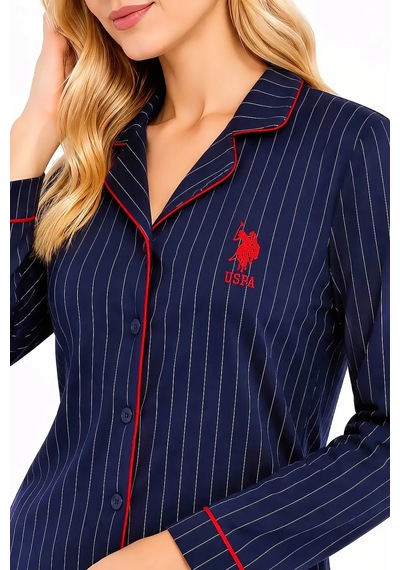 U.S. Polo Assn. Kadın %100 Pamuk Boydan Düğmeli Pijama Takımı Lacivert