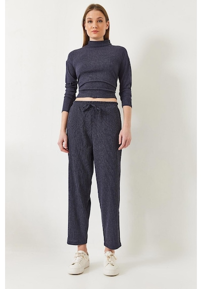 Kadın Crop Bluz Ve Beli Lastikli Pantolonlu Alt Üst Takım 60261363 - Lacivert