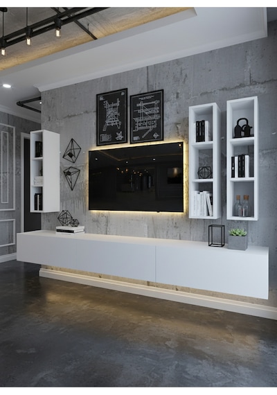 Resital Ledli Duvara Monte Tv Sehpası - Beyaz - W6006-1 Beyaz