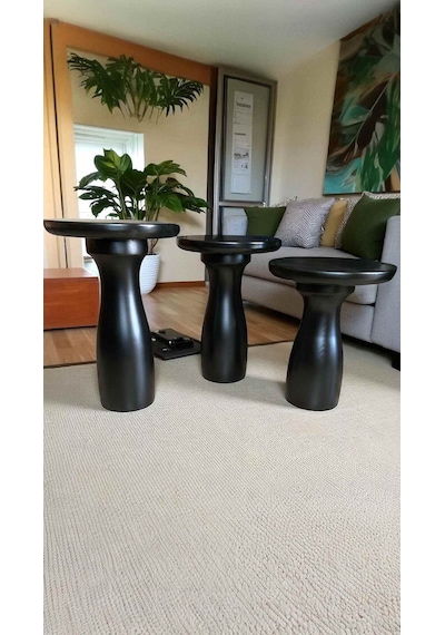 Minimalist Ve Doğal Dokulu Masif Ahşap Zigon Sehpa - Siyah 3 Lü