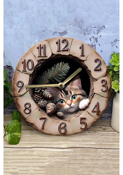 Patili Dostlarınız İçin Patili Saat Kedi Temalı Doğal Duvar Saati Sdw007 Renkli
