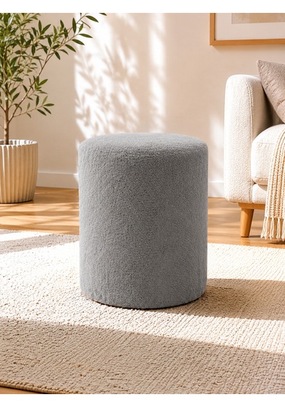 Gri Welsoft Kumaş Puf 40x45 Cm Yuvarlak Puf Dekoratif Oturma Pufu Yumuşak Dokulu Modern Puf