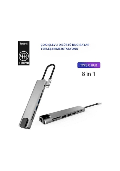 Usb Type-c Hub Dönüştürücü Çevirici Çoklayıcı Usb Hdmı Micro Sd 8