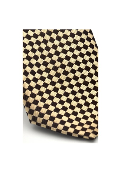 Gaffy Kahverengi Piti Kare Desenli Bej Dokuma Kumaş Mendilli Slim Fit Kravat // Sdk-2503-5 Bej