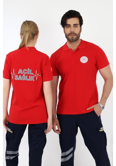 Acil Sağlık Yakalı Tshirt Kısa Kol - Kırmızı-12769 Kırmızı